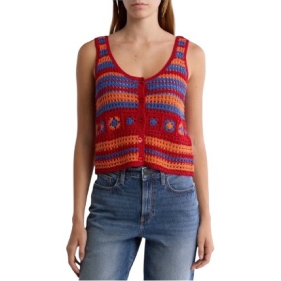 Cotton Emporium Tops - Cotton Emporium Crocheted Square Buttoned Red and Blue Tank Top XL Never Worn